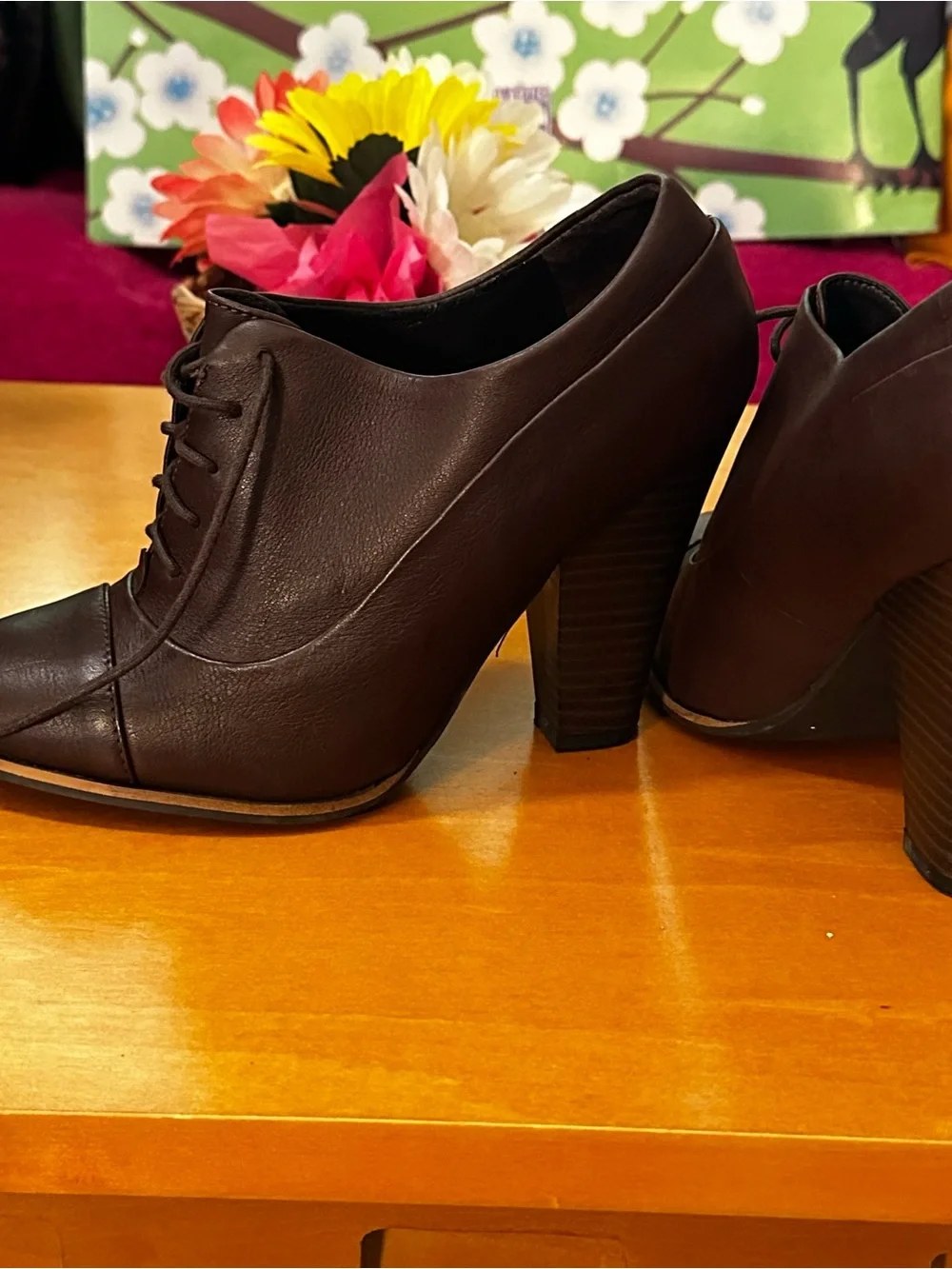 AND Dark Brown Leather Lace-Up Women's Oxford Heels